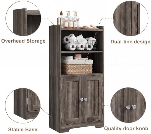 ChooChoo Small Bathroom Storage Cabinet with 2 Door and Shelves | Narrow Toilet Paper Cabinet, Bathroom Floor Cabinet and Organizers for Small Spaces, 7.8"D * 15.7"W * 30.7"H, Grey