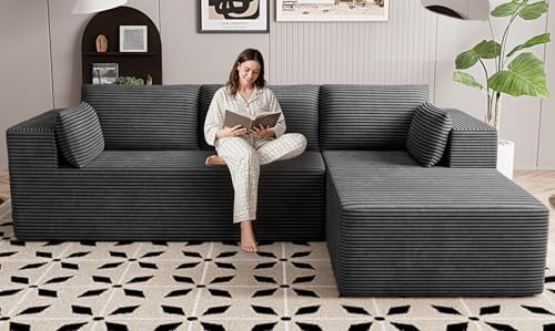 106" Cloud Sectional Boneless Couches for Living Room, Modular L Shaped Couch with Deep Seat Oversized Right Facing Chaise, Memory Foam Compressed Spineless 3 Seater Sofa for Apartment, Grey