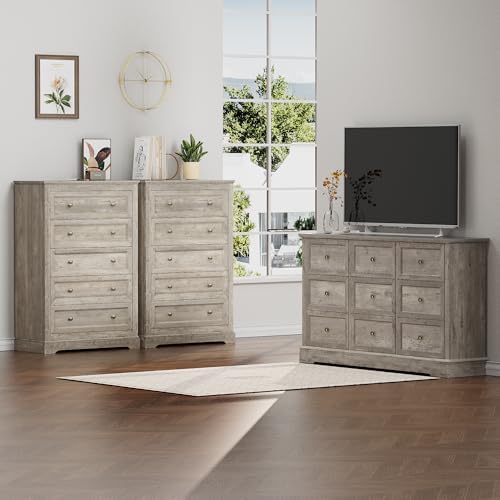 KIGOTY Farmhouse Bedroom Set, 3 Piece Bedroom Furniture Set, 9/5 Drawer Dressers,Rustic Closet Clothes Organizer, Drawer Dresser Set for Home