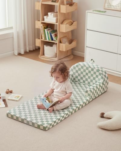 Blissful Diary Foldable Kids Couch, 2-in-1 Kids Sofa Chair, Sage Checkered