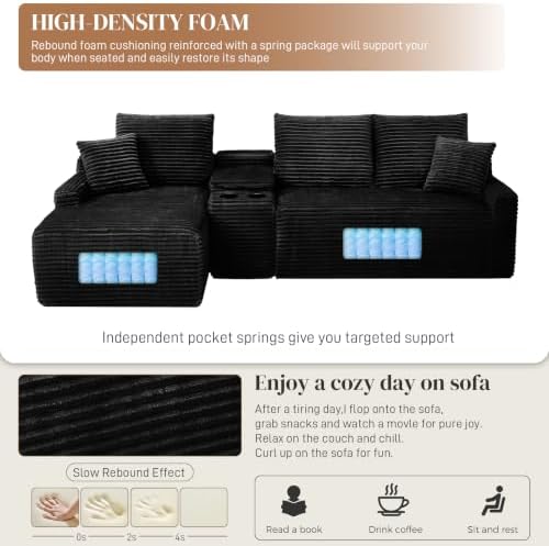 95" L Shaped Cloud Couch Modular Sectional Sofa, Comfy Fluffy Corduroy Black Boneless Sectional Couches for Living Room, Modern Cloud Sofas with Cup Holders & Left Facing Chaise, Black