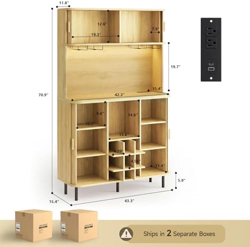 ONBRILL 71" Tall Fluted Wine Bar Cabinet with Storage Oak