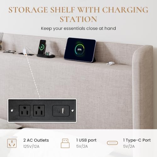 SHA CERLIN Full Size Storage Bed Frame with 4 Oversized Drawers, Modern Wingback Headboard with Storage Shelf & Charging Station, No Box Spring Needed, Easy Assembly, Beige