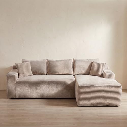95" L-Shaped Right Facing Cloud Sectional Couch for Living Room, Modular Compressed Boneless Sectional Sofa Corduroy Boneless Corner Foam Sofa W/Chaise Lounge and Pillows