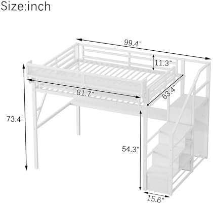 KEIKI Queen Size Metal Loft Bed Frame with Desk, Staircase, Built-in Storage Shelves and Wardrobe, Modern Loft Bed with Solid Slat, Guardrail, No Box Spring Required, Easy Assembly, for Bedroom, White