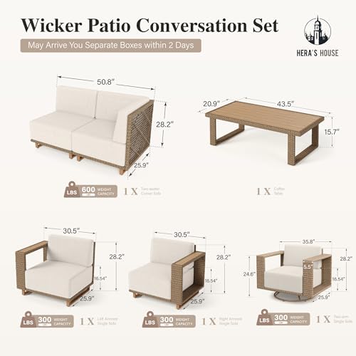 HERA'S HOUSE 6-Piece Patio Sectional Furniture Set with 10" Thick Cushions
