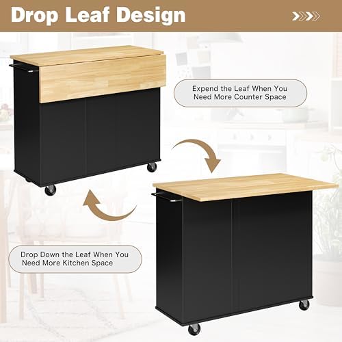 Shintenchi Kitchen Island with Folding Drop Leaf, Rolling Island Table with Storage, Kitchen Cabinet on Wheels with Seating Area for Kitchen, Bar Cart with Cabinet, Black