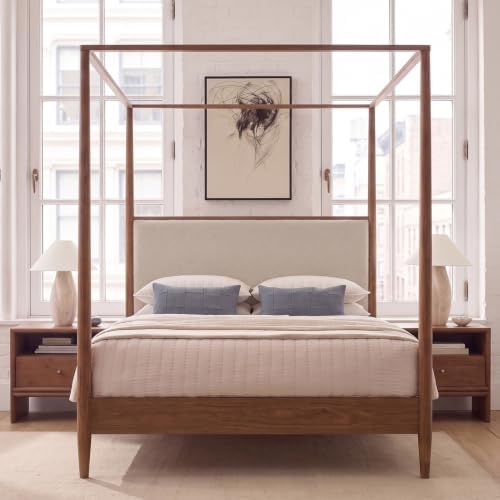 Queen Size Wood Canopy Bed Frame, Walnut Vintage Four-Posters Platform Beds