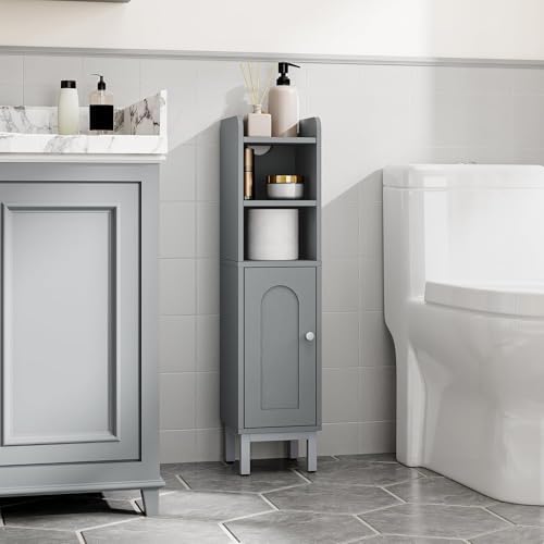 Hzuaneri Bathroom Storage Cabinet, Small Corner Floor Cabinet | Narrow Toilet Paper Holder, Bathroom Organizer with Adjustable Shelf, 2 Doors, for Small Spaces, Gray BC08221GR