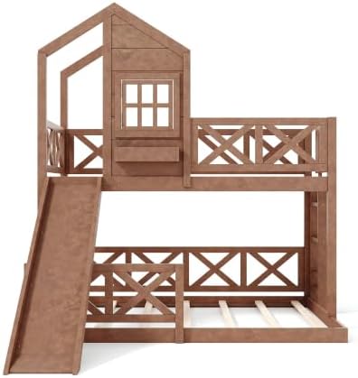 Twin Over Full House Bunk Bed with Slide, Wood Playhouse Loft Bunk Bed Frame with X-Shaped Safety Guardrails, Window & Storage Space, Space-Saving, No Box Spring Needed, Natural