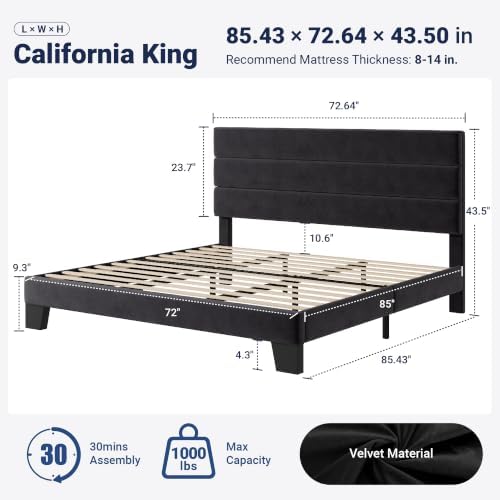 Allewie Cal King Size Platform Bed Frame with Velvet Upholstered Headboard