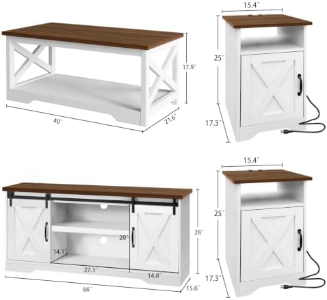 WERSMT Farmhouse 4-Piece Living Room Table Set with 66" TV Stand, White