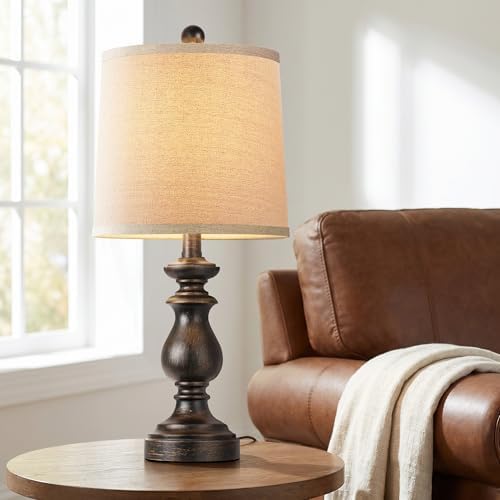 PARTPHONER Traditional Table Lamp Set of 2, Rustic Farmhouse Table Lamps for Living Room Bedroom, 22" Bedside Desk Lamps Vintage Nightstand Lamps with Linen Shades, Oil Rubbed Bronze