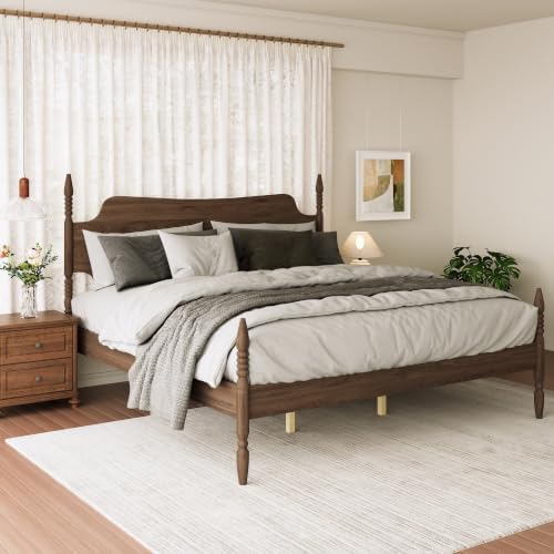 Vintage Wood King Bed Frame, Traditional Spindle Platform Bed with Tall Headboard, Walnut Antique Style 4-Poster Design, Under Bed Storage, No Box Spring Needed (Walnut, King)
