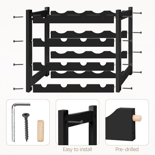 VASMIA Wine Rack, 4-Tier Bamboo Wine Racks Countertop,Sturdy and Durable Wine Storage Cabinet Shelf,16 Bottles Wine Holder for Kitchen Pantry, Black