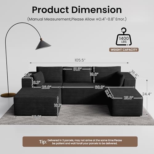 106" Cloud Sectional Boneless Couches for Living Room, Modular U Shaped Couch with Deep Seat, Removable Ottoman, Memory Foam Compressed Spineless 4 Seater Sofa for Bedroom Apartment, Black