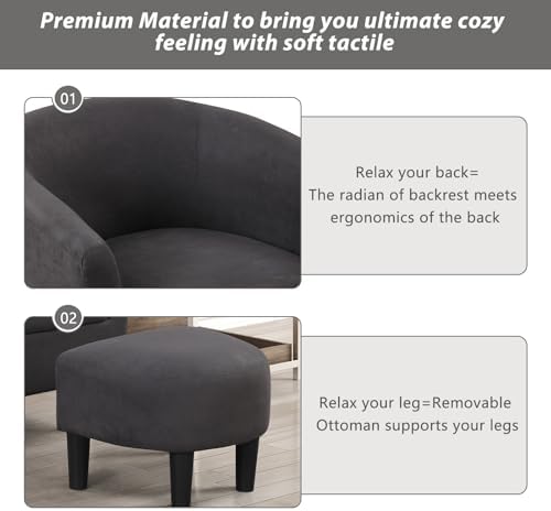 INZOY Modern Accent Chair with Ottoman for Small Space, Club Chair with Ottoman Set, Comfy Fabric Barrel Reading Chairs for Living Room Bedroom, Round Reading Chair with Foot Rest, Dark Grey