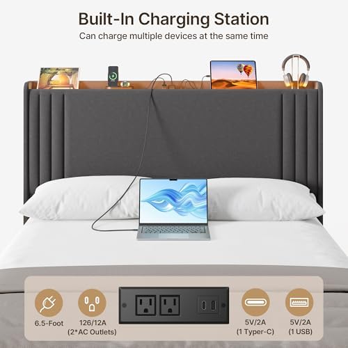 Gizoon Queen Bed Frame with Charging Station and LED Lights