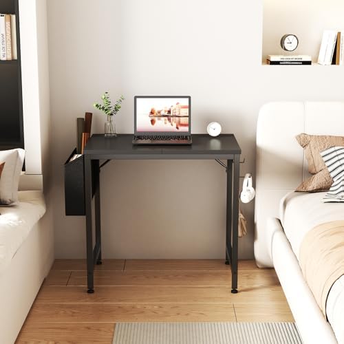 Lufeiya Small Desk for Small Spaces, 24 Inch Kids Girls Study Writing Mini Desks for Bedroom, Simple Modern Laptop PC Little Side Table with Storage Bag Headphone Hooks, Black