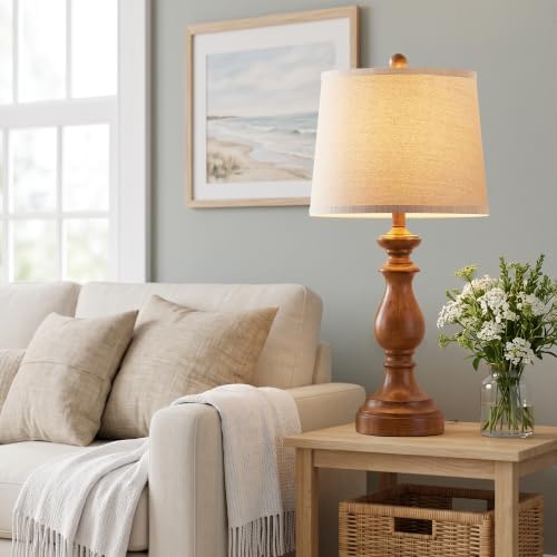 PARTPHONER Traditional Table Lamp Set of 2, Rustic Farmhouse Table Lamps for Living Room Bedroom, 27" Bedside Desk Lamps Vintage Nightstand Lamps with Linen Shades, Wood Grain