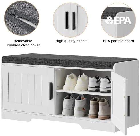 Homleke Shoe Storage Bench, 2 Doors & Thickened Padded Seat Cushion