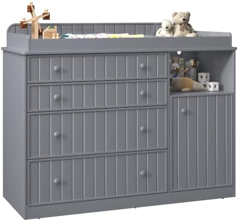 Grey Changing Table Dresser with 4 Drawers, Baby Nursery Diaper Table