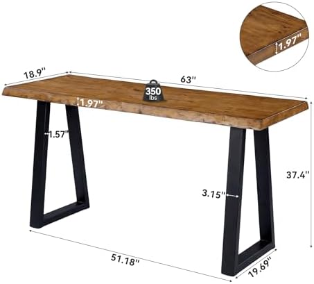 Solid Wood Bar Table, 63” Natural Live Edge Counter Height Table with Metal Legs, Rustic Industrial Long Pub Table for Kitchen, Coffee Bar, Dining Room, Restaurant, Brown & Black