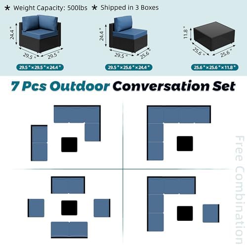 SUNLEI 7pcs Patio Conversation Sets Outdoor Furniture Sets, High Back All-Weather Rattan Sectional Sofa with Tea Table&Washable Couch Cushions(Black Rattan)(Aegean Blue)