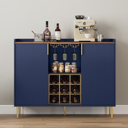 ARTPOWER 48" Wine Bar Cabinet with Fluted Texture, Buffet Sideboard, Blue