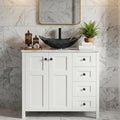 32" White Bathroom Vanity with Marble Texture Top and 4 Drawers, Modern Standing Pedestal Cabinet with Leaf Silver Glass Vessel Sink