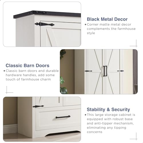JXQTLINGMU Farmhouse Kitchen Pantry Cabinet - 72" Tall Wood Kitchen Storage Cabinets with Adjustable Shelves & 2 Barn Style Doors & Drawer, Versatile Storage for Dining Room, Bathroom, Antique White