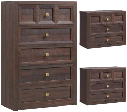 3-Piece Bedroom Set, 5 Drawer Tall Dresser and 3 Drawer King Size Nightstands Set of 2 with Charging Station, 3 Piece Farmhouse Wood Bedroom Dresser and Nightstand Sets, Brown