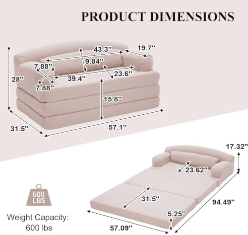 57” Convertible Sleeper Sofa Bed, Boneless Couch, Pink