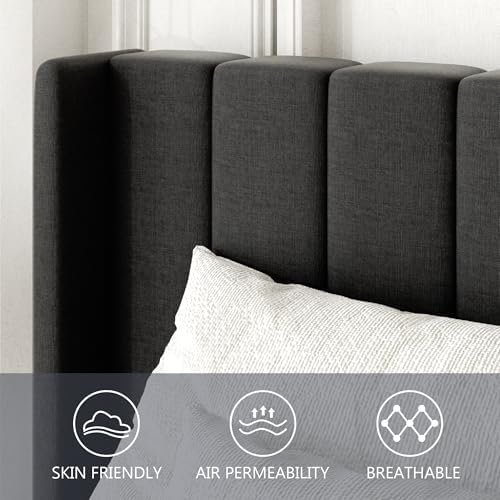 Gruwans Full Size Bed Frame with Upholstered Wingback Headboard, Easy Assemnly Platform Bed, Wooden Slat Support No Box Spring Needed, Dark Gray