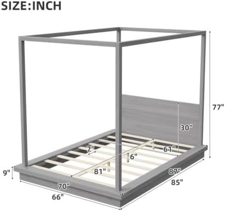 Queen Size Canopy Bed with Headboard (Gray)