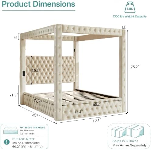 LUMISOL Canopy Bed Frame Queen Size, Velvet Upholstered Platform Bed with Button Tufted Headboard, Four Posters, Built-in Speaker and Charging Station, Heavy Duty Mattress Foundation, Beige