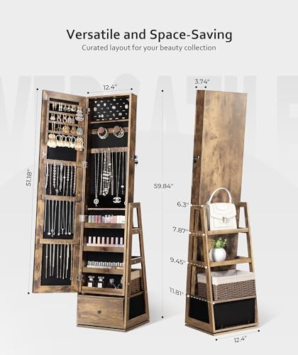 Nicetree 360° Swivel Jewelry Cabinet, Full Length Mirror, Lockable | Rotatable Jewelry Armoire Organizer, Standing Mirror with Storage, 3 Rear Shelves + Bottom Drawer, Gift Idea, Rustic Brown