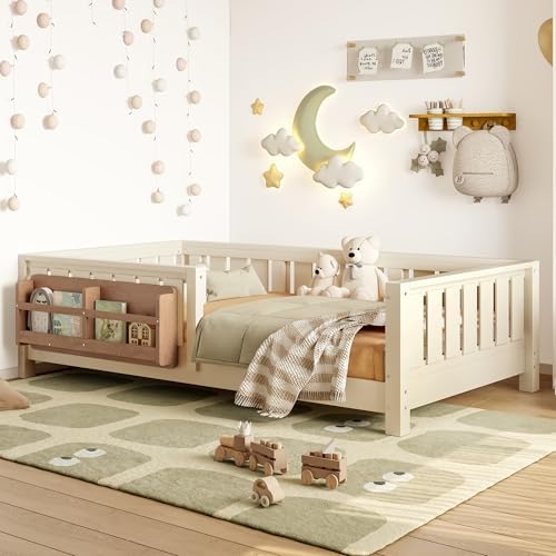 Bellemave Twin Size Montessori Floor Bed with Rails and Slats, Twin Size Floor Bed with Bookshelf and Fence, Low Profile Montessori Beds Frame for Girls, Boys, Beige