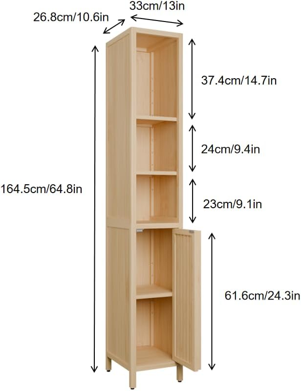65" Tall Bamboo Storage Cabinet, Slim Freestanding Bathroom Cabinet with 4 Interior Shelves & Open Storage Compartment, Narrow Organizer for Bathroom, Bedroom, Living Room, Laundry Room, Natural
