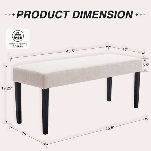 HNY Farmhouse Upholstered Dining Bench Seat Set of 2, 45" Linen Fabric Entryway Bench with Black Wood Legs, Mid Century Modern End of Bed Bench for Kitchen Bedroom Living Room Hallway, Beige