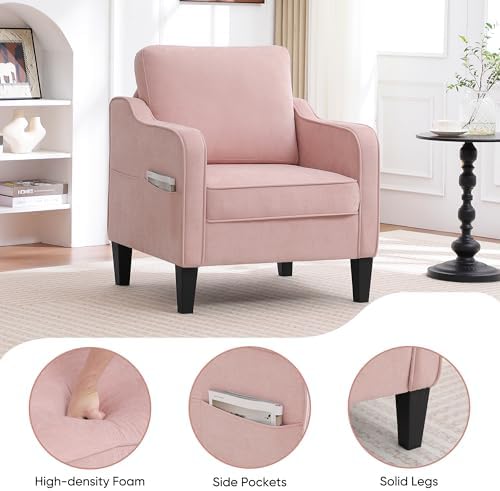 Accent Chairs Set of 2, Upholstered Living Room Chair with Side Pockets, Mid Century Modern Reading Chair for Bedroom, Comfy Armchair Single Sofa Side Chair for Office, Small Room, Pink