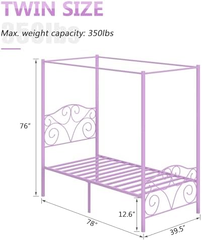 VECELO Metal Canopy Bed Frame Twin Size, 4 Posters Platform Mattress Foundation with Headboard, Heavy Duty Steel Slats Support, No Box Spring Needed, Purple
