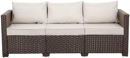 Rattaner 3-seat Patio Sofa Outdoor Furniture Brown Wicker Outdoor Couch Deep Seat High Backrest with Anti-Slip Cushions with Waterproof Cover, Beige
