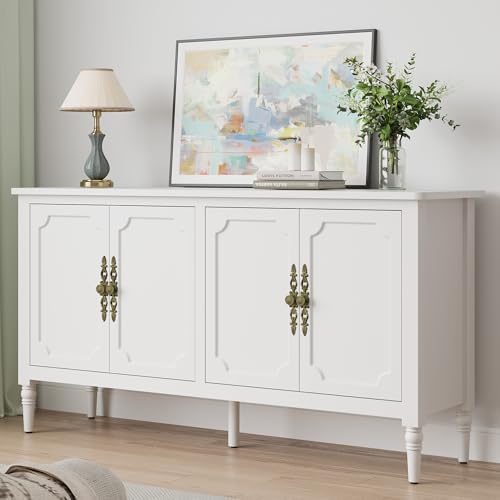RoyalCraft Buffet Cabinet with Storage, 59" Vintage Sideboard with Adjustable Shelves, Mid Century Modern Painted Credenza Coffee Bar for Kitchen, Dining Room, Entryway, Living Room, Satin White