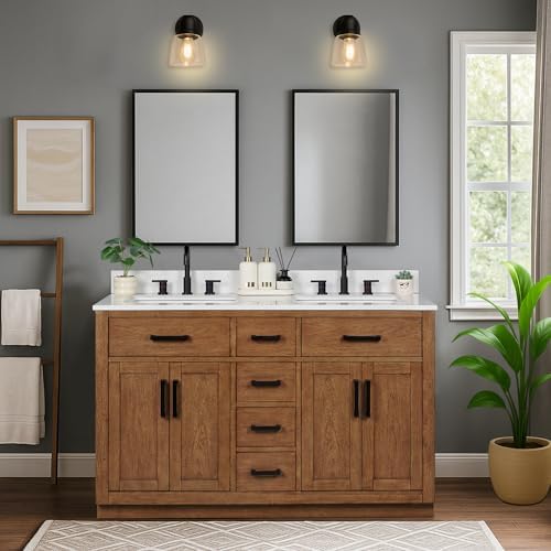 54-inch Dark Walnut Bathroom Vanity with 2 Sinks, Solid Wood, 0.79-inch Stone Countertop and Backsplash, 6 Drawers, 4 Soft Closing Doors