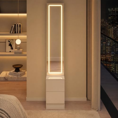 LED Full Length Mirror Jewelry Cabinet with Storage, 3 Color Adjustable Lighting Dressing Mirror Armoire, Large Standing Vanity Mirror Organizer Cabinet for Makeup & Jewelry Storage (White)