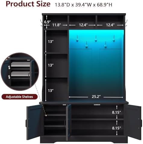 Black Hall Tree with Bench and Shoe Storage, Entryway Bench with Coart Rack