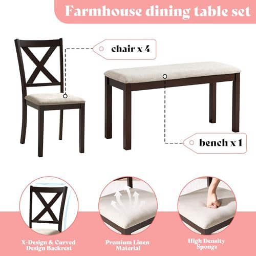 AMERLIFE 6 Piece Farmhouse Dining Set with 60" Solid Wood Table, Brown