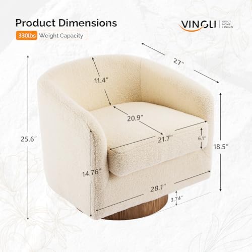 VINGLI 360°Swivel Accent Chair with Engineered Wood Base and Removable Cushion for Living Room, Bedroom, Curved Back Barrel Chair for Small Space, Upholstered Bucket Armchair, Teddy Khaki