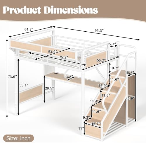 KEIKI Full Size Metal Loft Bed Frame with Storage Staircase & Built-in Desk & Wardrobe, Loft Bed with Pegboard & Mesh Storage Baskets & Slats, No Box Spring Required, Easy Assembly, for Bedroom, White